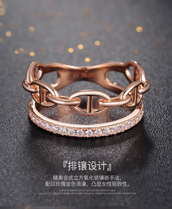 Nhẫn đôi nữ vàng hồng 18k Diamond Phoenix, nhẫn vàng màu dát vàng chuỗi zircon, khóa tình yêu - Nhẫn