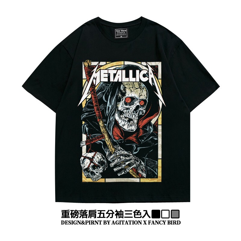 European and American Heavy Metal Band Metallica Drop-Shoulder Heavyweight Loose Oversized Short-Sleeve T-Shirt for Men in Summer European and American Heavy Metal Band Metallica Drop-Shoulder Heavyweight Loose Oversized Short-Sleeve T-Shirt for Men in Summer