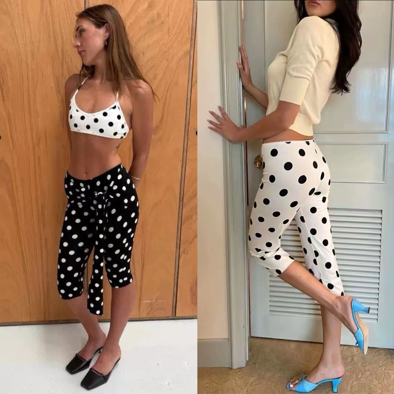 Jhz "Capri Pants" Retro Slim-Fit Pop Art Style Hip-Hugging Polka Dot Print Cropped Pants with Stretch