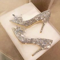  Givenivan Cinderella crystal shoes high-heeled rhinestone wedding shoes female bridal shoes silver thin heel pointed shallow mouth