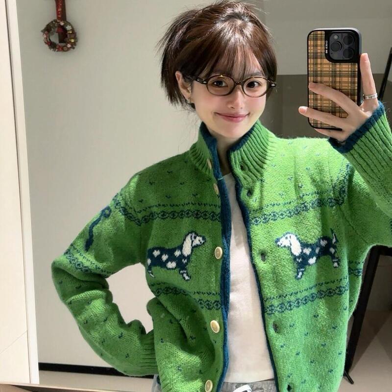 Christmas Green Sweater for Women, Autumn and Winter Fair Isle Retro Style, Thick Knit Cardigan Jacket