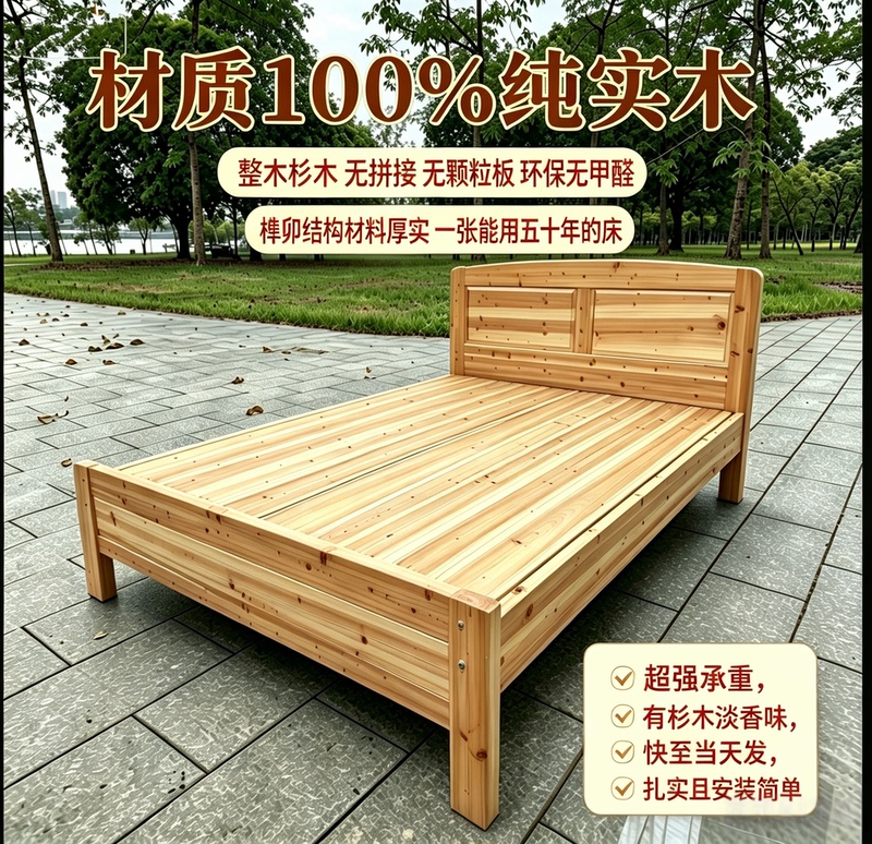 Pure Solid Wood, Pure Natural Fir Wood Bed with Thickened Material - Same Price as 618 - Upgraded Hard Five-Beam Structure, Fastest Same-Day Delivery