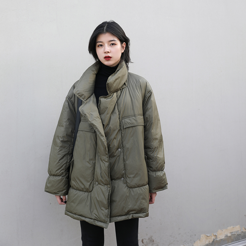 CHICVEN WARM LOOSE Lacing Up Two Wear 90 White Duck Suede Down Clothing Medium Long version Collar Jacket Lady Winter