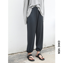 CHICVEN Island street casual vertical pit tie pants womens wide legs elastic waist straight tube pants thin