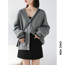 CHICVEN return to school simple temperament color color cuffs V-neck knitted cardigan womens sweater coat autumn and winter