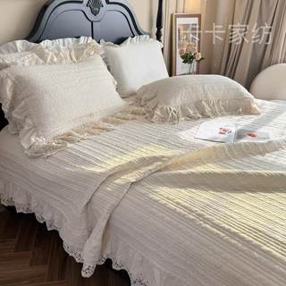 棉与麻·法式小众复古亚麻全棉棉麻重工蕾丝花边床盖三件套