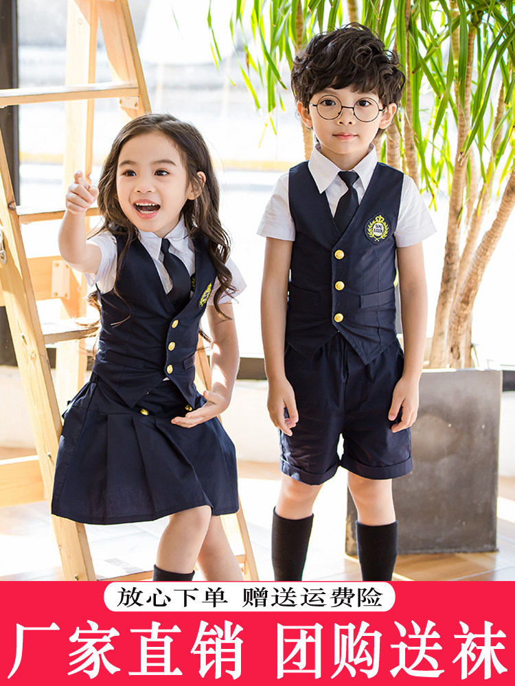Kindergarten garden dress Summer graduation photo clothing Summer British style school uniform suit Summer children's class dress Primary school students