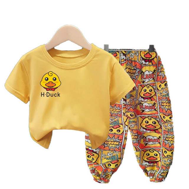 2023 summer boys and girls two-piece suit children's short-sleeved T-shirt top anti-mosquito pants foreign style baby little yellow duck