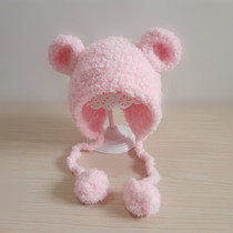 Autumn and winter thickened warm baby bear cute ear protection hat male and female baby cartoon ear plush lace-up hat