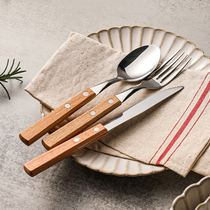 Japanese wooden handle steak knife fork spoon 304 stainless steel ins style spoon dessert afternoon tea tableware foreign trade export