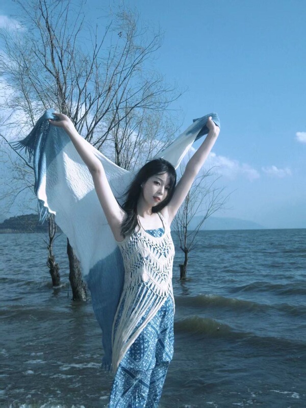 Beach Vacation Style Spaghetti Strap Blue Dress 2025 New Summer First Love Pure Hollow-Out Tassel Long Dress for Women