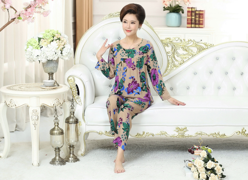 Bộ đồ ngủ phụ nữ mùa xuân và mùa thu mẫu cho mẹ dài tay mùa thu cỡ lớn đồ bộ mặc nhà bằng vải thun