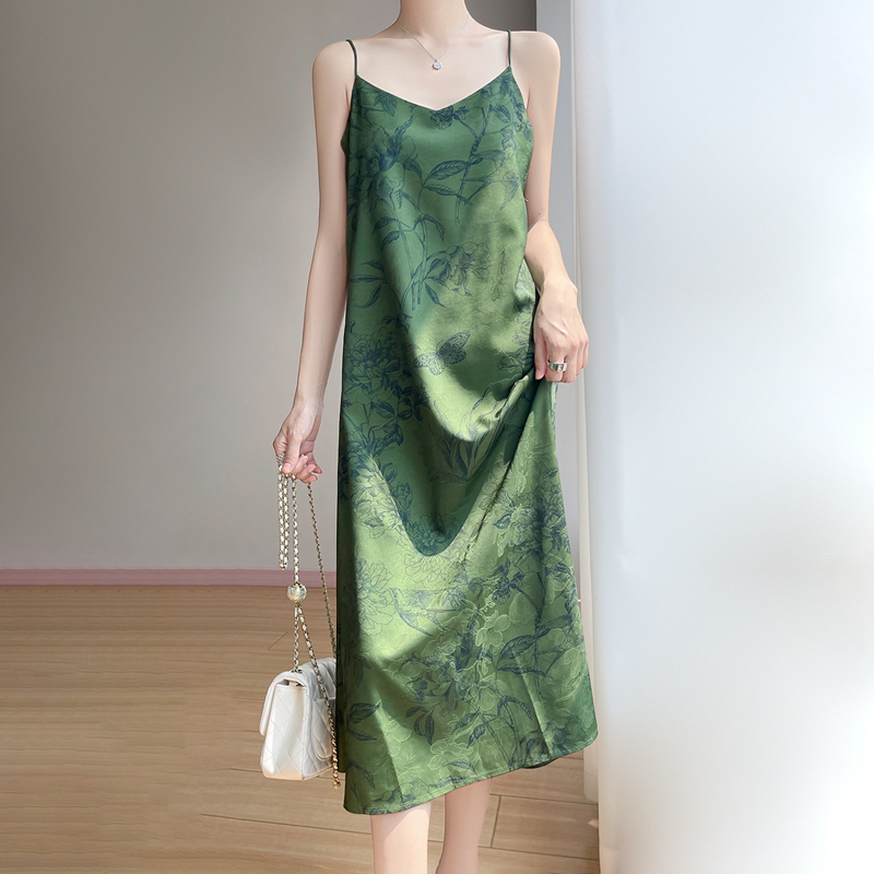 Chic Green Dress for Women, Summer 2026 New Style, New Chinese Style, Elegant and High-End Satin Slip Dress