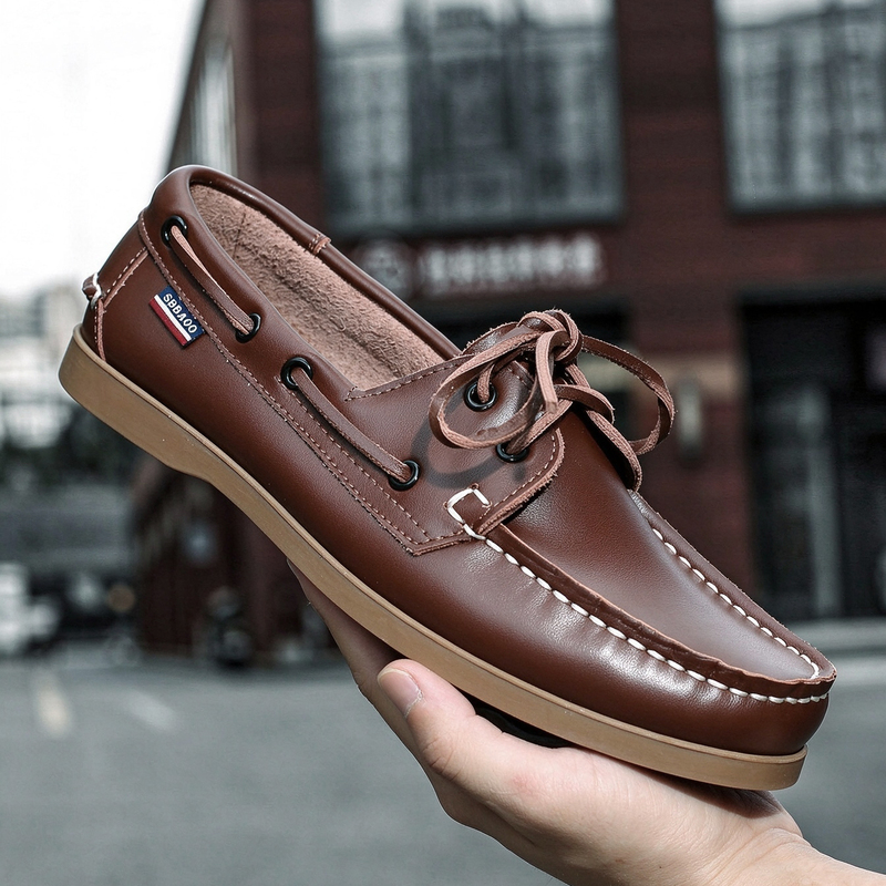 Old Money Style Men's Boat Shoes Lace-Up Two-Layer Cowhide Casual Loafers Non-Slip Daily Wear Light Business