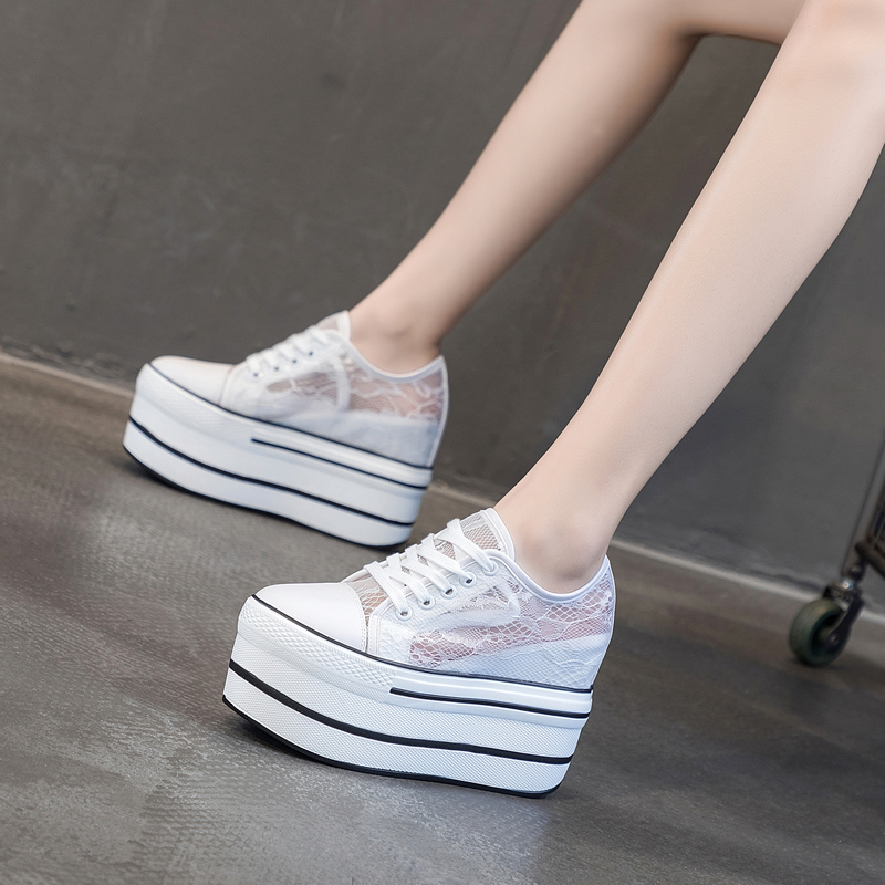 2022 spring and summer new web yarn single shoe woman hollowed-out and thin and thick bottom inner heightening lace rice cake shoes 100 hitch