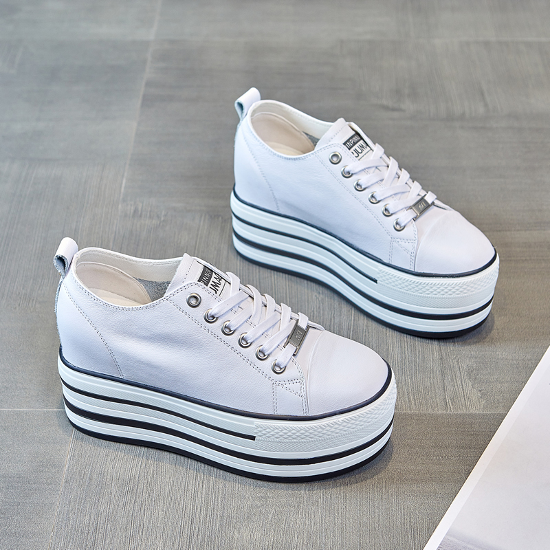 Inside heightening small white shoes Women's thick bottom lace base 100 hitch lean low Help genuine leather casual ultra high heel muffin shoes