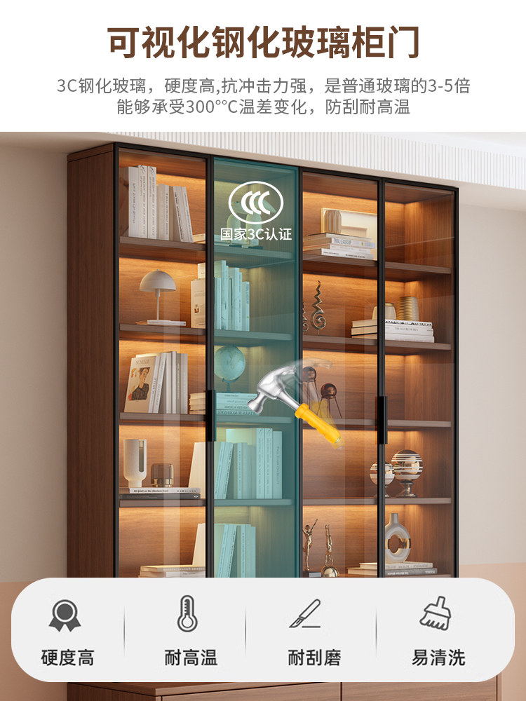 Bookshelf with Glass Door Wine Cabinet for Home Use, Integrated Full-Wall Bookshelf for Living Room, Wall-To-Ceiling Display for Figurines