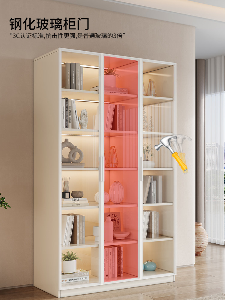 Cream-Style Bookcase Integrated with the Entire Wall to the Ceiling, High-End Modern Minimalist Display Cabinet with Glass Doors and Solid Wood Wine Cabinet Combination