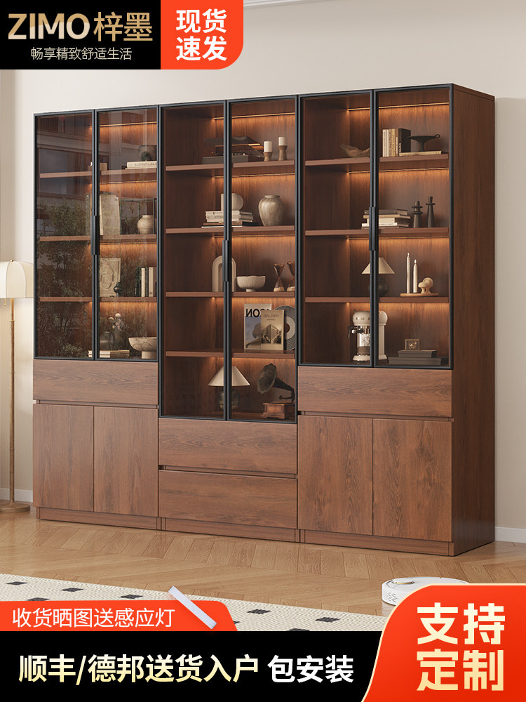 Retro Mid-Century Bookcase with Glass Door, Display Wine Cabinet, Home Living Room Integrated Wall-Mounted Storage Shelf for Figurines and Books