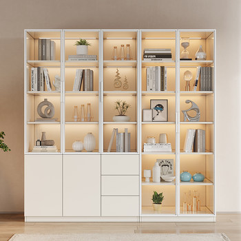 Cream-Style Bookcase Integrated with the Entire Wall to the Ceiling, High-End Modern Minimalist Display Cabinet with Glass Doors and Solid Wood Wine Cabinet Combination