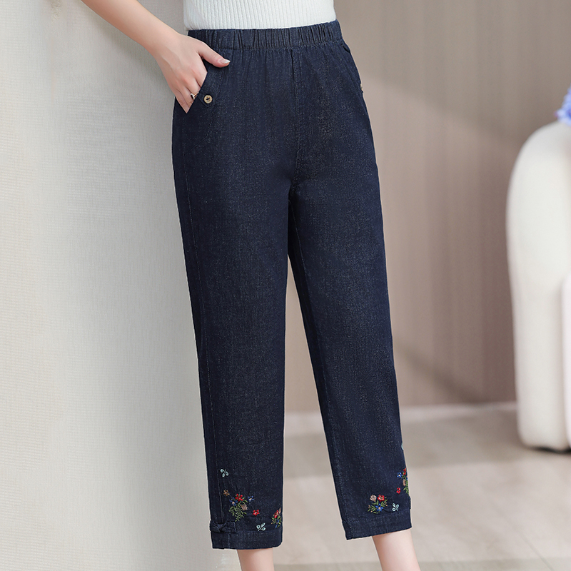 Fashionable Mother's Denim Cropped Pants Summer New Pure Cotton Middle-Aged and Elderly Women's Pants High Waist Elastic Waist Slimming Look
