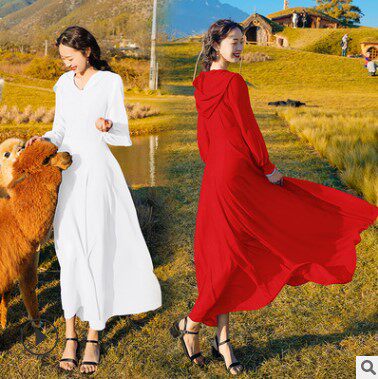 Impression Inner Mongolia Grassland Style Dress Suitable for Traveling Retro Style White Skirt Desert Red Dress Large Size Summer