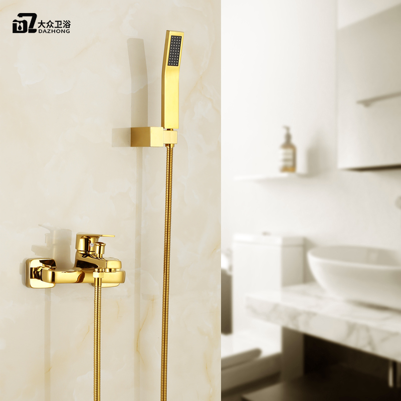 All-Copper Gold Shower Set for Home Use, Shower Head with Constant Temperature, Handheld Pressurized Shower, Simple Bathtub Faucet