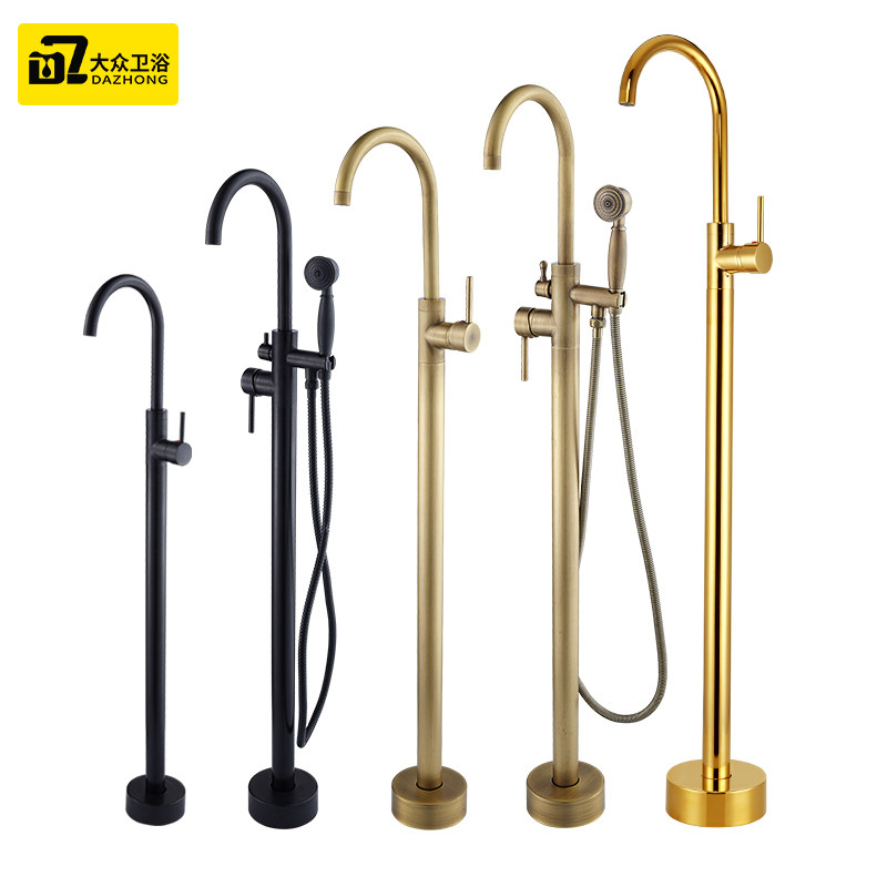 Full copper gold hot and cold floor type bathtub tap cylinder edge simple independent wood barrel upright post basin wall-style shower head