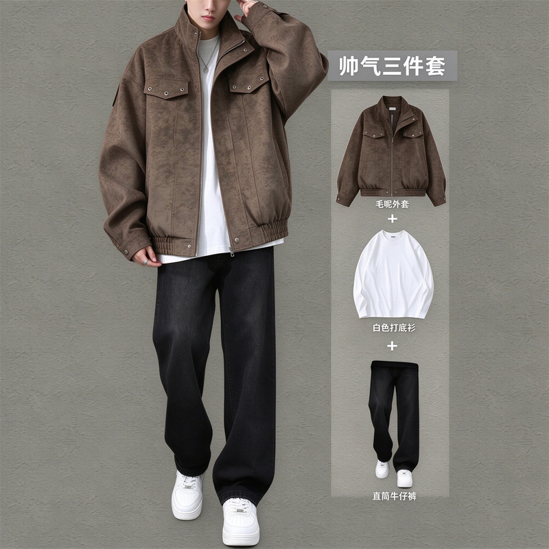 High-End Men's Fashion Outfit, a Complete Set of Cool and Stylish Pu Leather Jackets, Autumn Casual Suits, Men's Denim Trendy Three-Piece Set High-End Men's Fashion Outfit, a Complete Set of Cool and Stylish Pu Leather Jackets, Autumn Casual Suits, Men's Denim Trendy Three-Piece Set