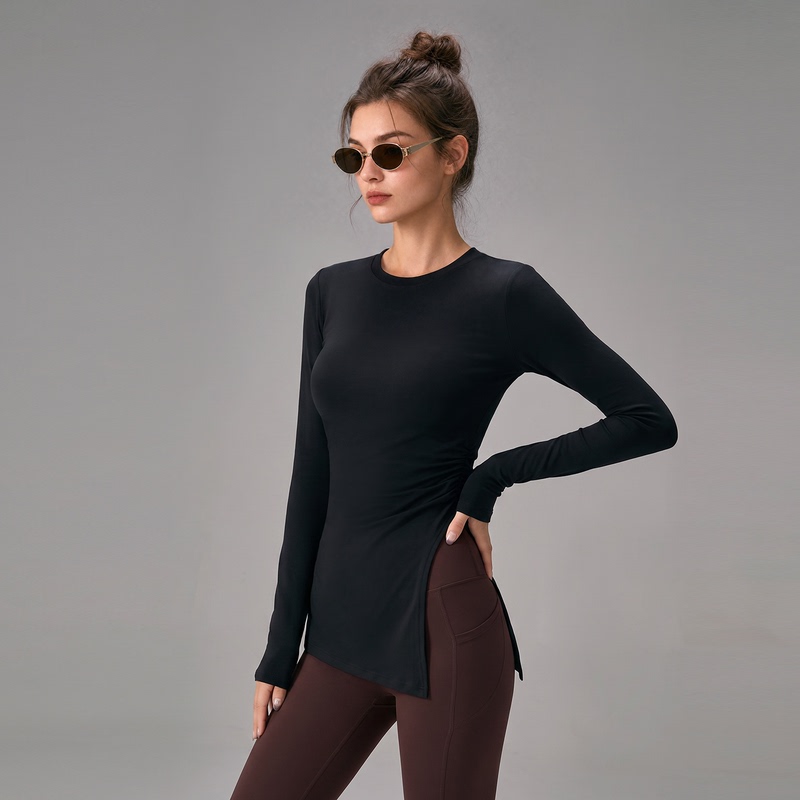 Proportionally Designed Ruched Mid-Length Slit T-Shirt with Long Sleeves, Slimming Yoga Top for Sports and Fitness, Made of Lyocell Proportionally Designed Ruched Mid-Length Slit T-Shirt with Long Sleeves, Slimming Yoga Top for Sports and Fitness, Made of Lyocell