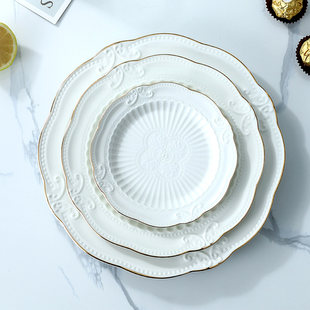 Европейская керамическая тарелка в западном стиле с золотой оправой, тарелка для стейка, круглая тарелка, плоская тарелка, прямоугольная тарелка, покрытая десертом, однотонная в античном стиле