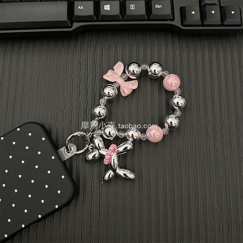 Sweet and Cool Pink and Silver Beaded Balloon Dog Pendant Phone Chain Short Wrist Strap Rope Ccd Keychain Crossbody Bag Chain Sweet and Cool Pink and Silver Beaded Balloon Dog Pendant Phone Chain Short Wrist Strap Rope Ccd Keychain Crossbody Bag Chain