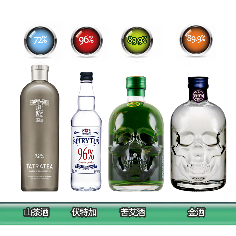 进口酒72度茶酒+89.9度苦艾酒、金酒+96度生命之水伏特加洋酒套餐