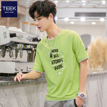 TEEK mens short-sleeved t-shirt trend fake two-piece cotton body bag 2021 summer youth avocado green clothes
