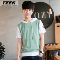 Teen mùa hè trùm đầu ngắn tay t-shirt nam áo len hoodie trai nhỏ sinh viên tươi có quần áo mũ hoodie nam