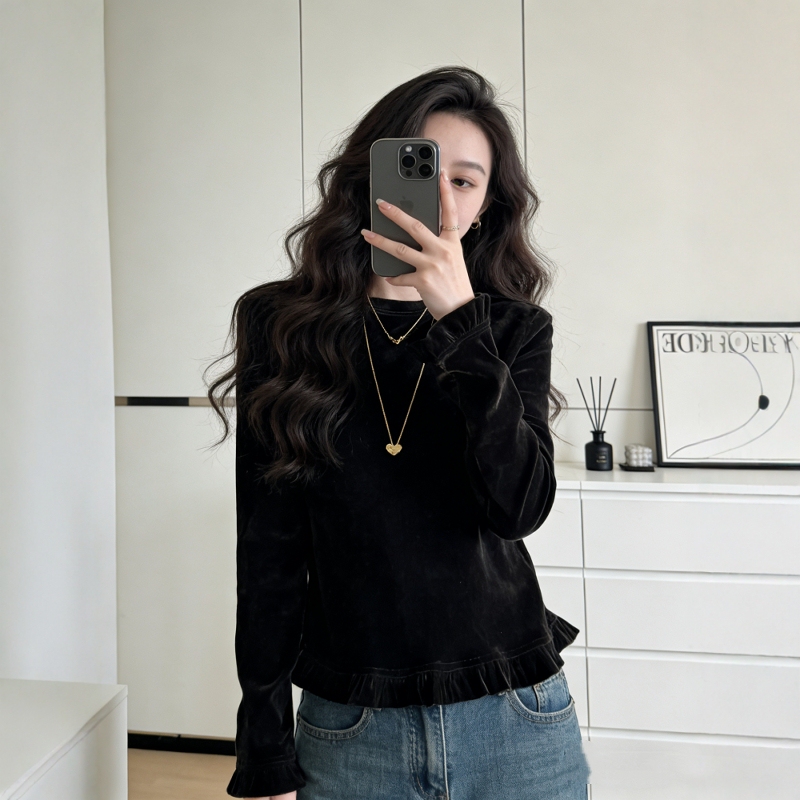 Plus-Size Women's High-End Black Velvet Long-Sleeve T-Shirt 2026 Early Spring New Loose Base Shirt Elegant Top