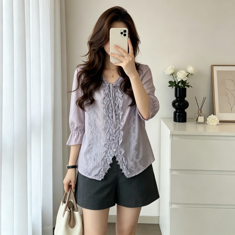 Plus-Size Women's Fashion 2026 Hot-Selling Purple Lace-Trimmed Short-Sleeve Shirt Top for Curvy Women, Loose and Stylish Women's Blouse