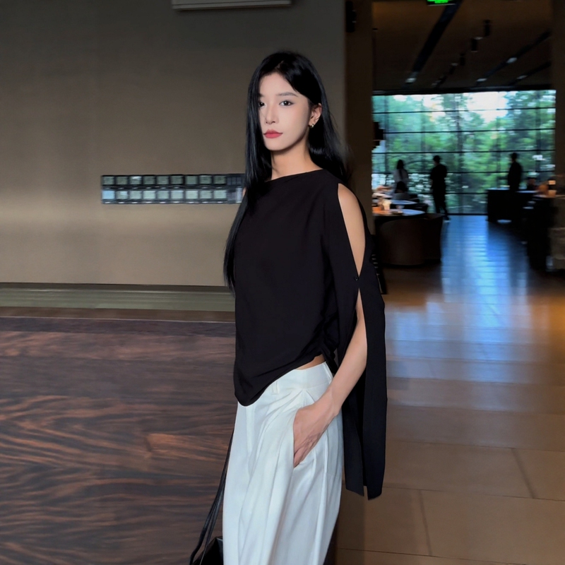 Plus-Size Women's High-End Irregular Off-Shoulder Hollow-Out Black Shirt Top, Elegant Shawl with Ribbons for Curvy Women Plus-Size Women's High-End Irregular Off-Shoulder Hollow-Out Black Shirt Top, Elegant Shawl with Ribbons for Curvy Women