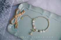 "One Drawer" 14k Gold Freshwater Natural Pearl Rose Star Bracelet Birthday Gift 38