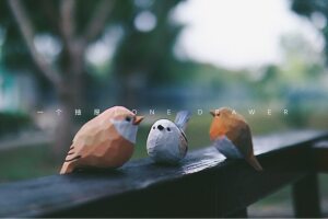 A Drawer with Hand-Carved Cute Solid Wood Sculptures of Fat Chirping Birds, Silver-Throated Thrush Decorative Ornaments, Birthday Gift