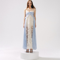 MOOD XMIURA 2025 spring and summer new blue white rose mesh splicing suspender dress