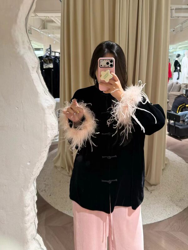 Silk Velvet Ostrich Feather Cuff Buttoned Jacket for Women, Autumn Elegant New Chinese Style Top with Detachable Feathers