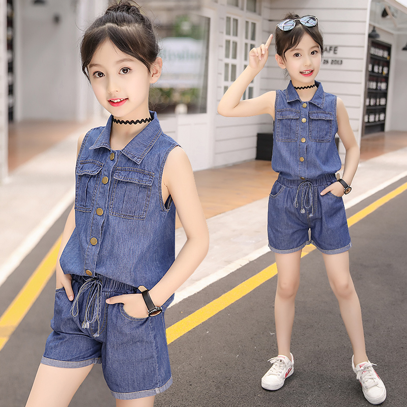 3 cô gái denim không khí bộ mùa hè 5 đứa trẻ 6 cô gái 7 Hàn Quốc phiên bản 8 mùa hè 9 tuổi 10 quần áo triều 11 thời trang 12.