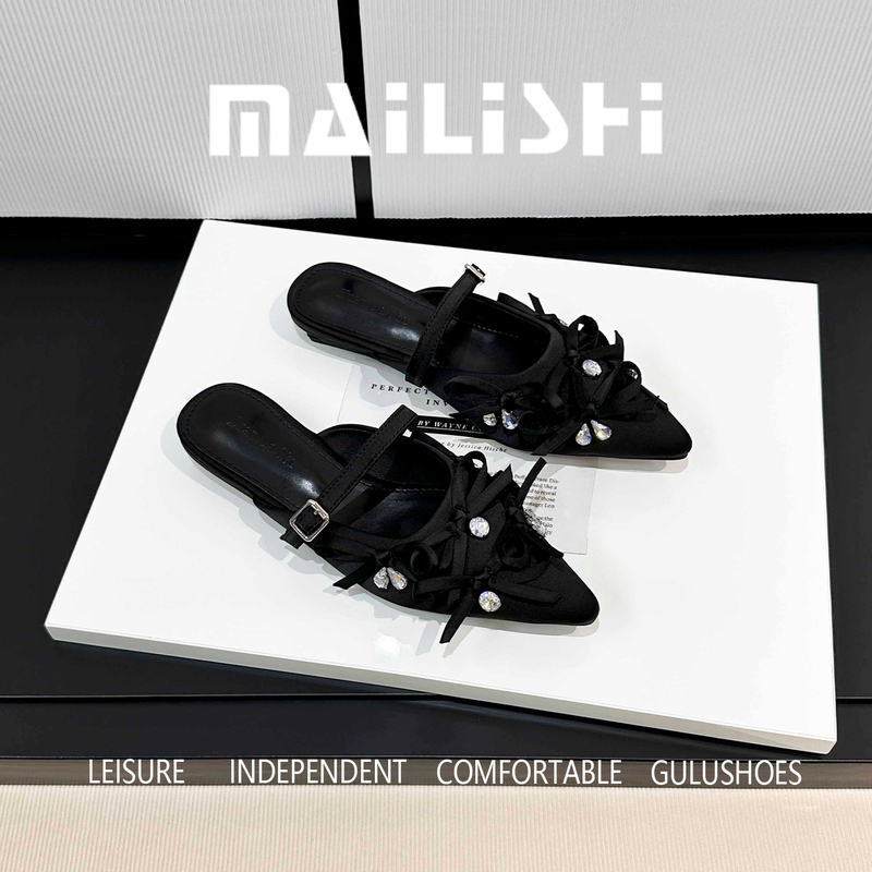 French-Style Girl's Rhinestone Closed-Toe Half-Slippers for Women, 2026 New Model, Slip-On, Bow-Knot Pointed-Toe Mules