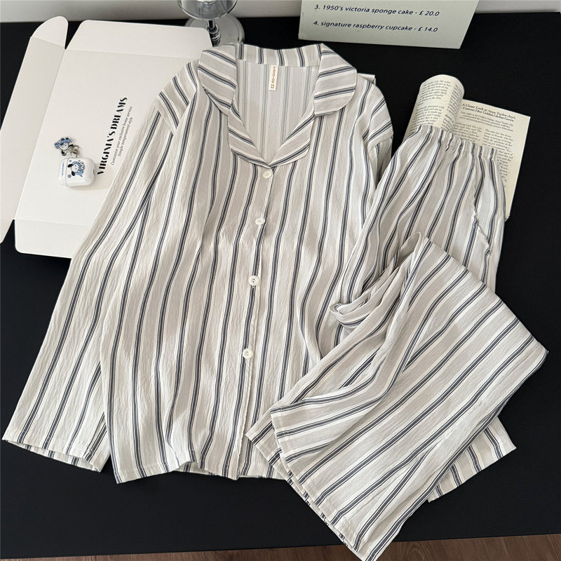 Striped Couple Pajamas Spring and Autumn Cloud Cotton Long-Sleeved Long Pants Can Be Worn Outside Men's and Women's Thin Home Wear Set