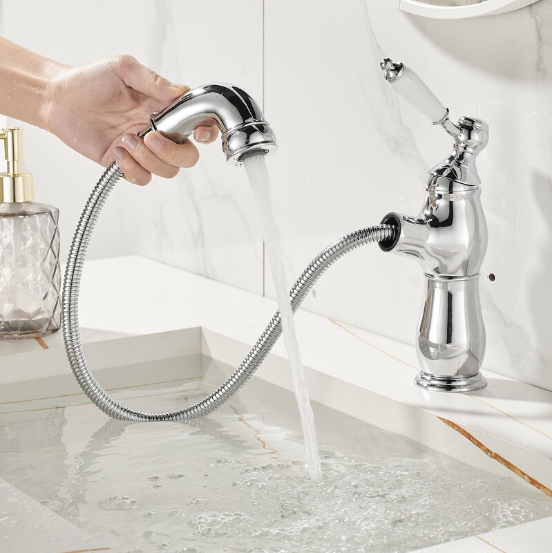  Pull-Out Shampoo Basin Cross-Border 5-Piece Copper Faucet Set for Under-Sink Washbasin, Hot and Cold Bathroom Sanitary Ware