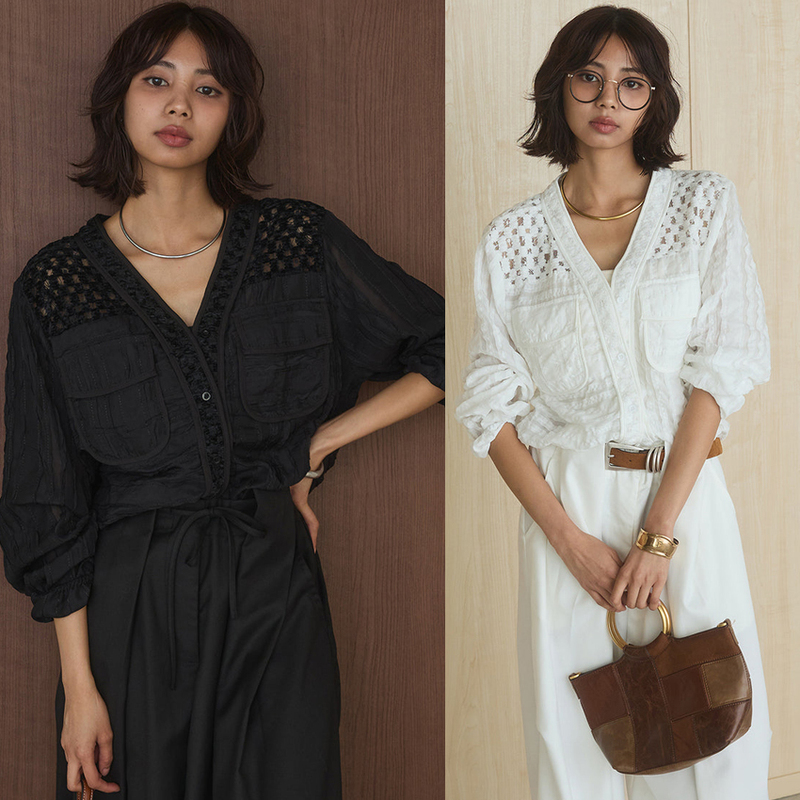 Cross-Border Japanese-Style V-Neck Lace Patchwork Drawstring Shirt for Women, Fashionable Design, Elegant Hollow-Out Sun Protection Top 4762