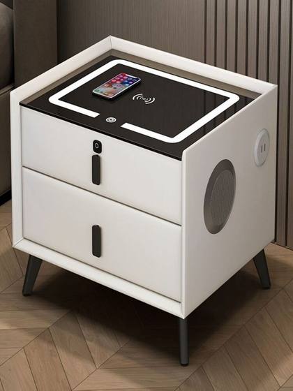 全实木智能床头柜简约现代多功能带灯无线充电指纹锁储物收纳实木