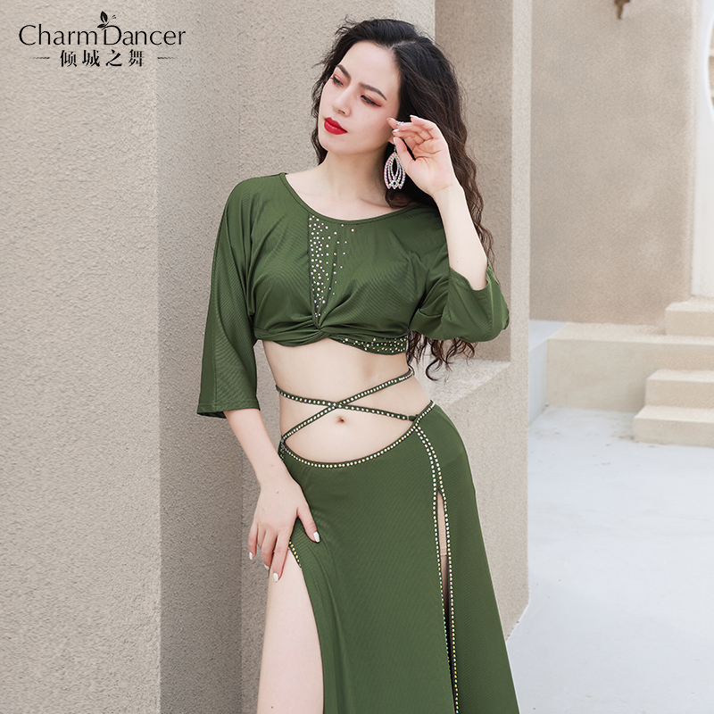 The Leaning City Dance New Belly Dance Skill style Delicate Scalding Arc Waist Head Double Switch Fork Skirt Practice Suit Suit