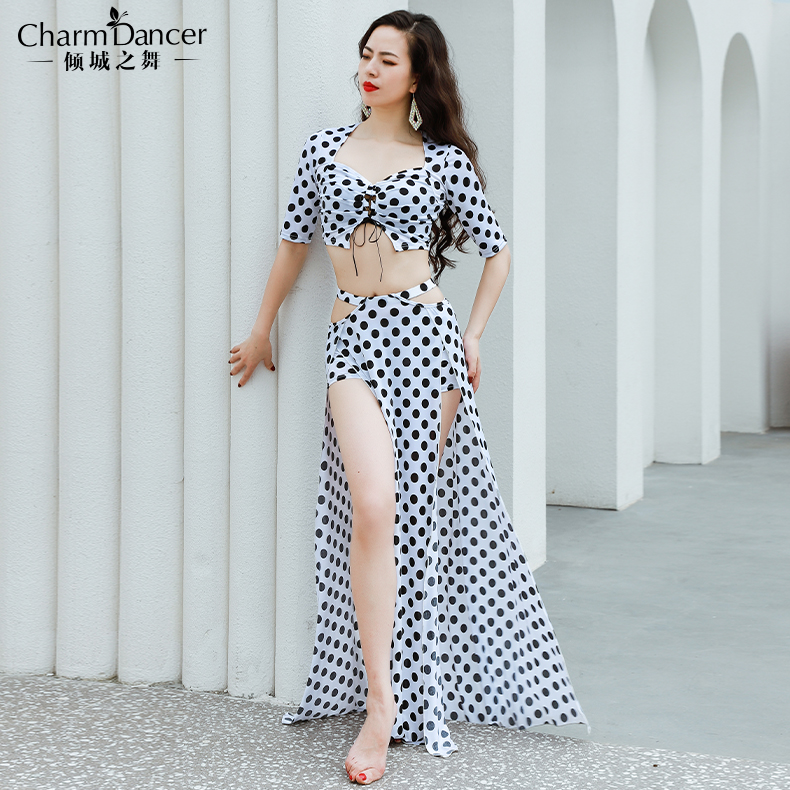 Allure Dance New Belly Dance Practice Set Retro Generous Collar High Waist Cutout Polka Dot Oriental Dance Practice Suit
